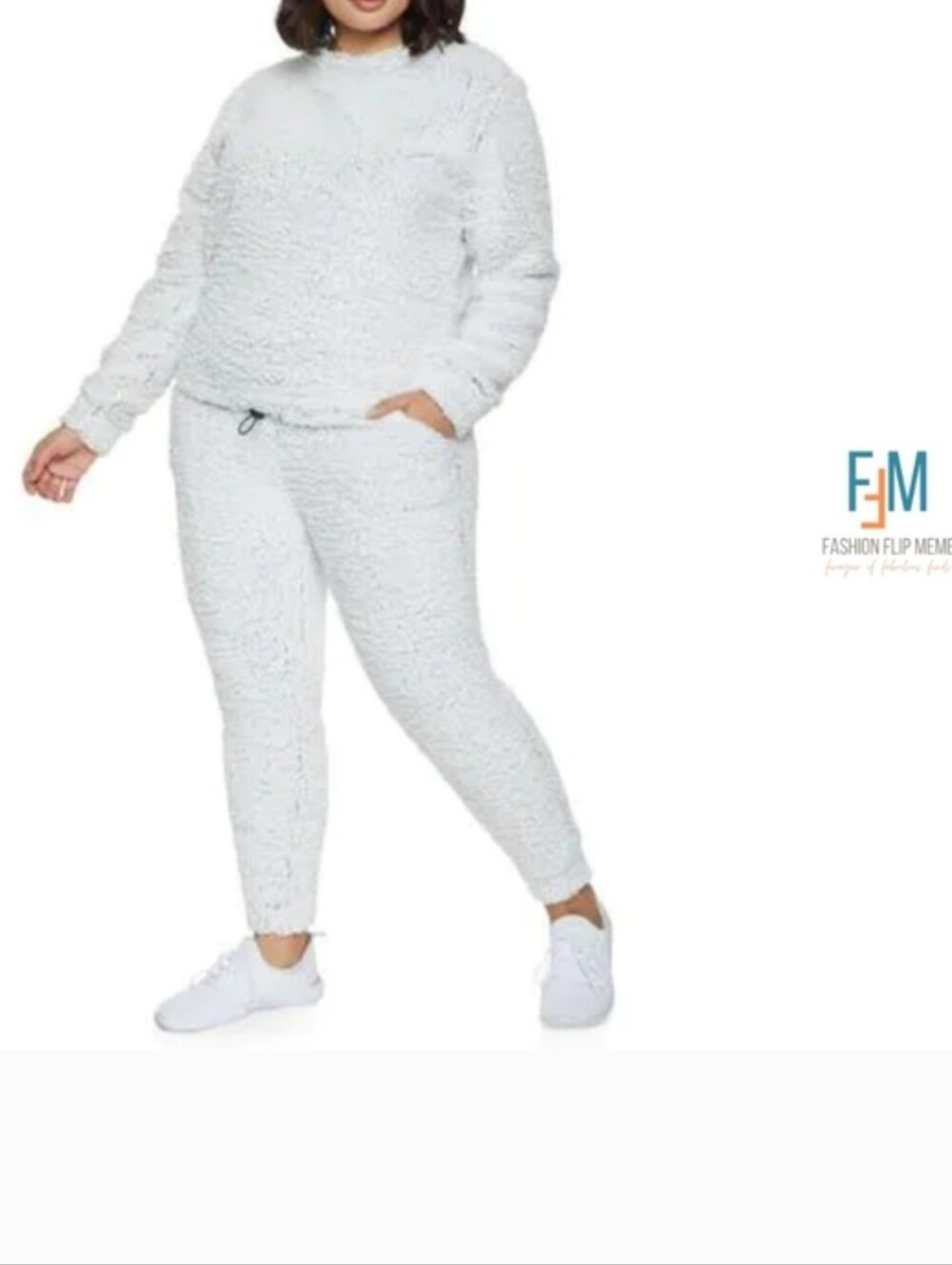 White & Gray Sherpa Look Popcorn Knit Top & Jogger Pants Set 3X New!